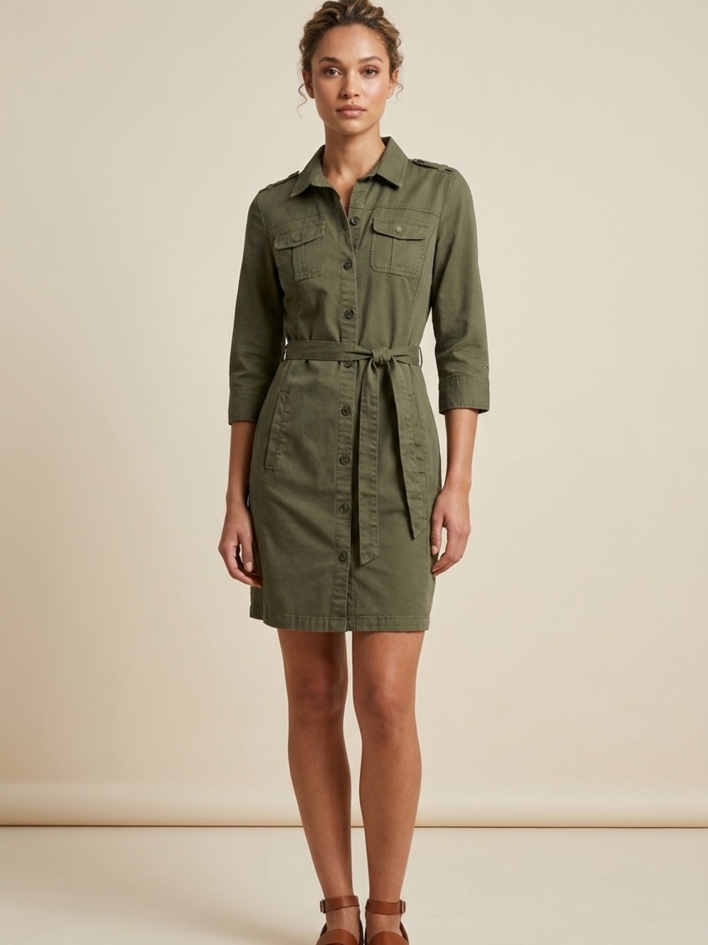 Tommy Hilfiger Olive Green Safari Belted Utility Shirt Dress Cotton - Picture 1 of 13
